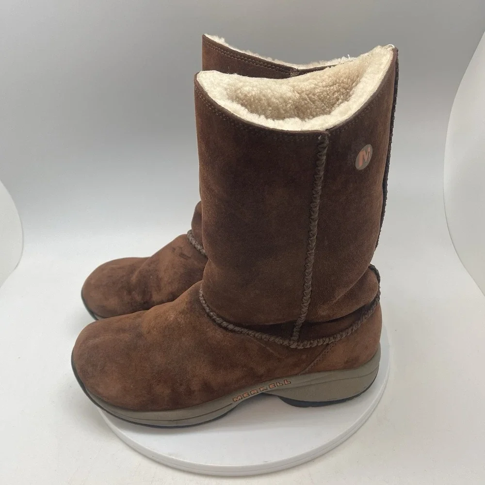 Merrell Primo Stitch High Boots Womens 8 Suede Chestnut Brown Pull‎ Up Fur Lined